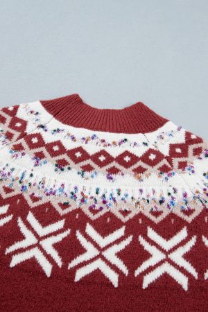 Women’s Knitted Sweater with Winter Pattern and High Neck