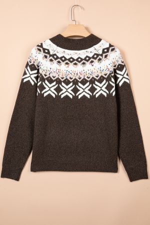 Women’s Knitted Sweater with Winter Pattern and High Neck
