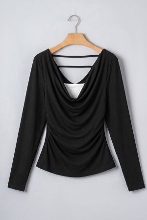 Women’s Elegant Blouse with Draped Neckline and Long Sleeves