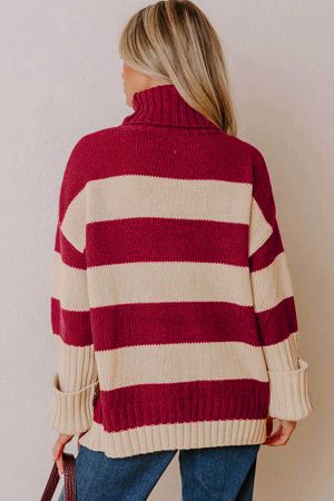 Women’s Knitted Sweater with High Neck and Contrast Stripes