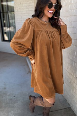 Women’s Short Ribbed Velvet Dress in Caramel Brown