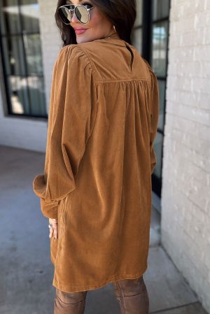 Women’s Short Ribbed Velvet Dress in Caramel Brown