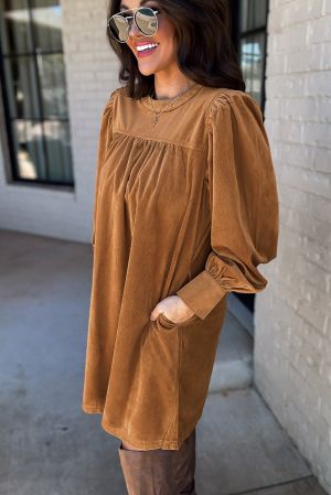 Women’s Short Ribbed Velvet Dress in Caramel Brown