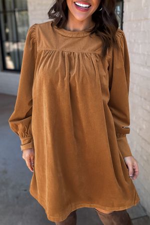 Women’s Short Ribbed Velvet Dress in Caramel Brown