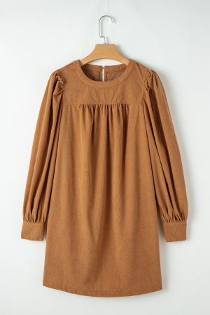 Women’s Short Ribbed Velvet Dress in Caramel Brown