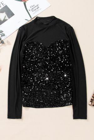 Women’s Black Sequin Blouse with Sheer Long Sleeves