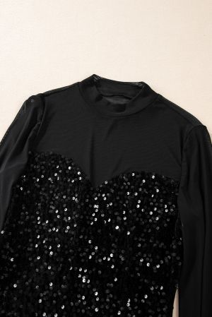 Women’s Black Sequin Blouse with Sheer Long Sleeves