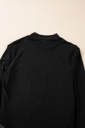 Women’s Black Sequin Blouse with Sheer Long Sleeves