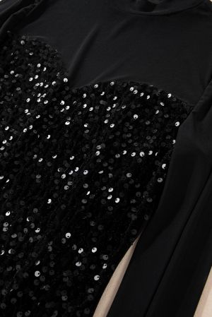 Women’s Black Sequin Blouse with Sheer Long Sleeves