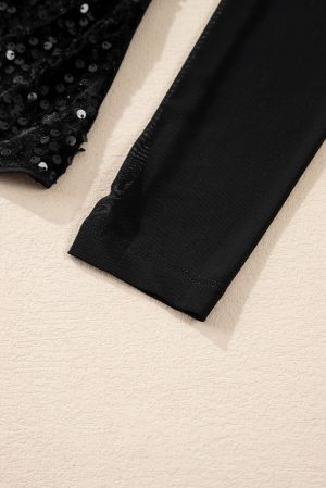 Women’s Black Sequin Blouse with Sheer Long Sleeves