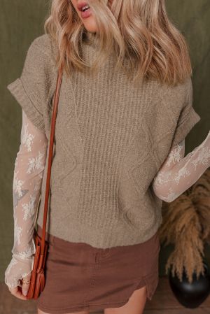 Дамски бежов плетен пуловер с къси ръкави и висока яка