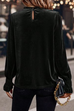 Women’s Black Velvet Blouse with Long Sleeves and Ruffled Cuffs