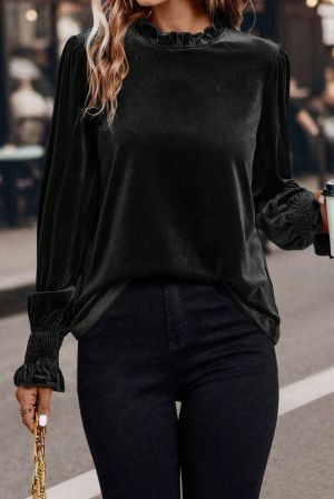 Women’s Black Velvet Blouse with Long Sleeves and Ruffled Cuffs