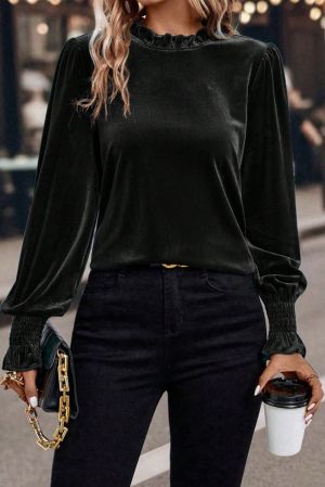 Women’s Black Velvet Blouse with Long Sleeves and Ruffled Cuffs