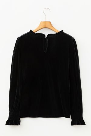 Women’s Black Velvet Blouse with Long Sleeves and Ruffled Cuffs