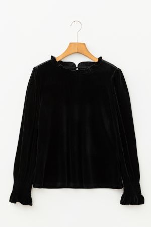 Women’s Black Velvet Blouse with Long Sleeves and Ruffled Cuffs