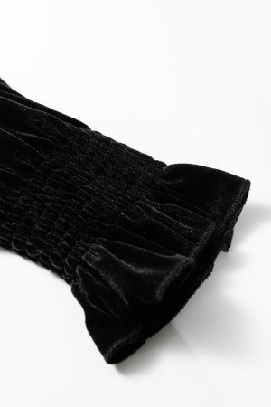 Women’s Black Velvet Blouse with Long Sleeves and Ruffled Cuffs