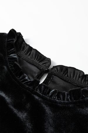 Women’s Black Velvet Blouse with Long Sleeves and Ruffled Cuffs