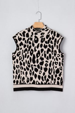 Women’s Beige Sleeveless Sweater Vest with Black Leopard Print