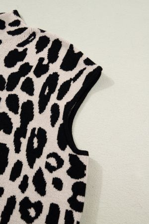 Women’s Beige Sleeveless Sweater Vest with Black Leopard Print