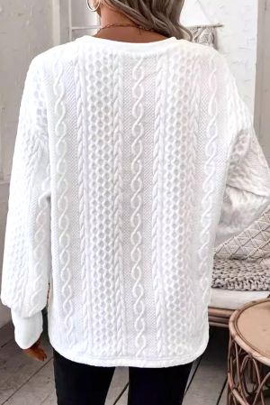 Women’s White Cable Knit Sweater with V-Neckline