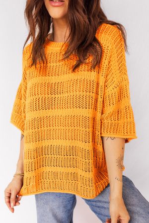Women’s Orange Cotton Knit Sweater with Short Sleeves and Openwork Stitch