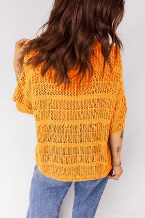 Women’s Orange Cotton Knit Sweater with Short Sleeves and Openwork Stitch