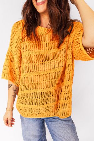 Women’s Orange Cotton Knit Sweater with Short Sleeves and Openwork Stitch