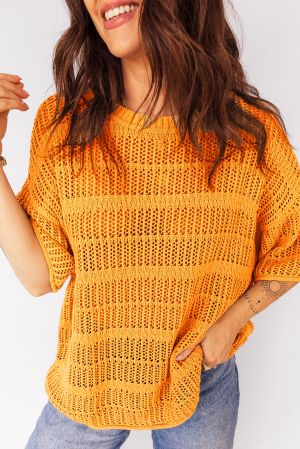 Women’s Orange Cotton Knit Sweater with Short Sleeves and Openwork Stitch