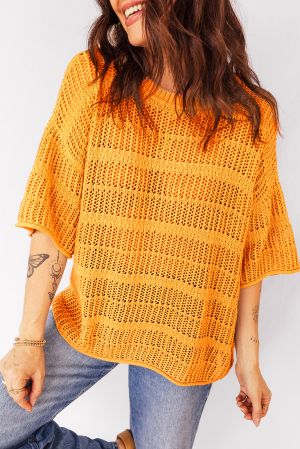 Women’s Orange Cotton Knit Sweater with Short Sleeves and Openwork Stitch