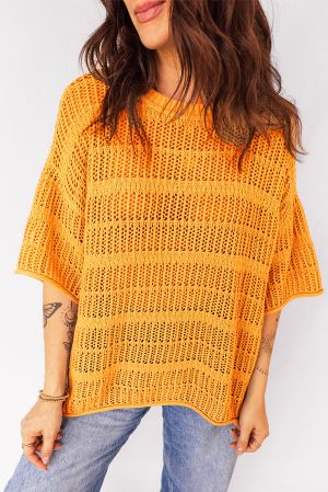 Women’s Orange Cotton Knit Sweater with Short Sleeves and Openwork Stitch