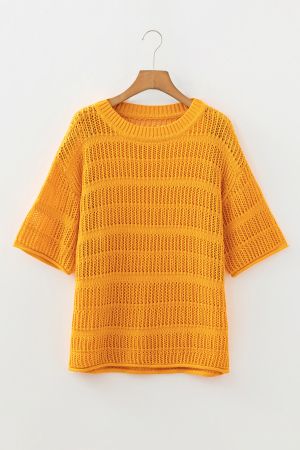 Women’s Orange Cotton Knit Sweater with Short Sleeves and Openwork Stitch