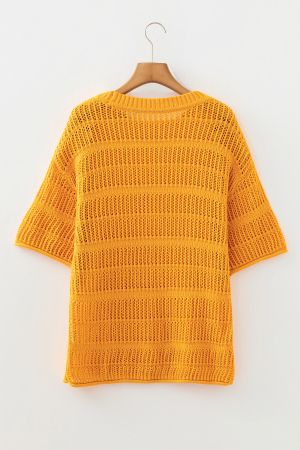 Women’s Orange Cotton Knit Sweater with Short Sleeves and Openwork Stitch