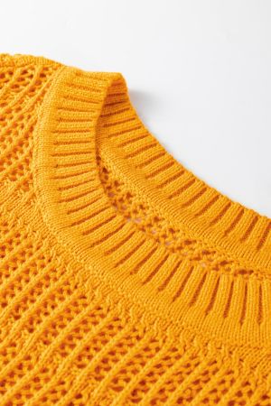 Women’s Orange Cotton Knit Sweater with Short Sleeves and Openwork Stitch