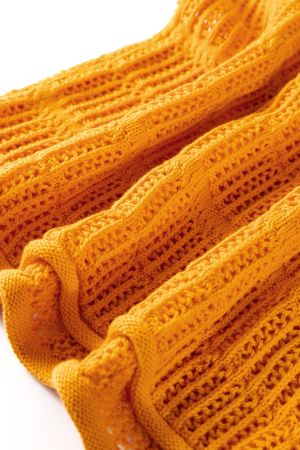 Women’s Orange Cotton Knit Sweater with Short Sleeves and Openwork Stitch