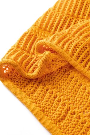 Women’s Orange Cotton Knit Sweater with Short Sleeves and Openwork Stitch
