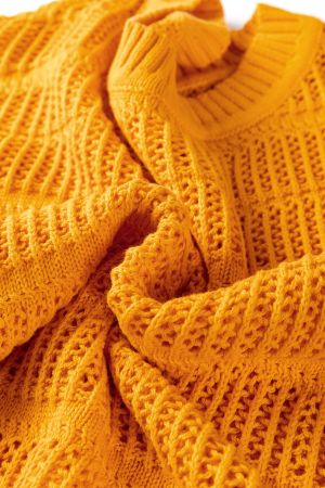 Women’s Orange Cotton Knit Sweater with Short Sleeves and Openwork Stitch