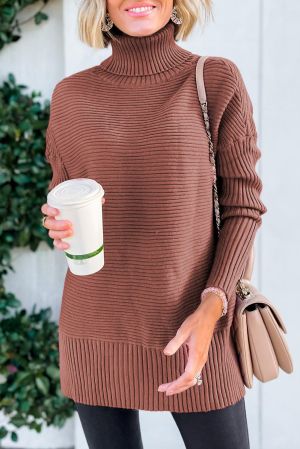 Women’s Long Brown Sweater Tunic with Turtleneck