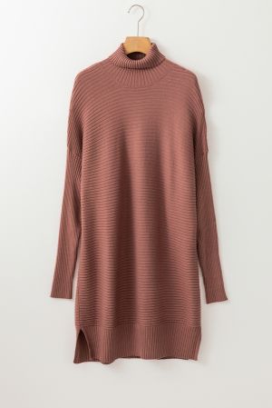 Women’s Long Brown Sweater Tunic with Turtleneck