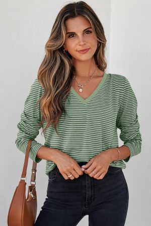 Women’s Green and White Striped Long Sleeve Top with V-Neck