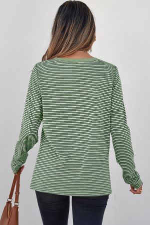 Women’s Green and White Striped Long Sleeve Top with V-Neck
