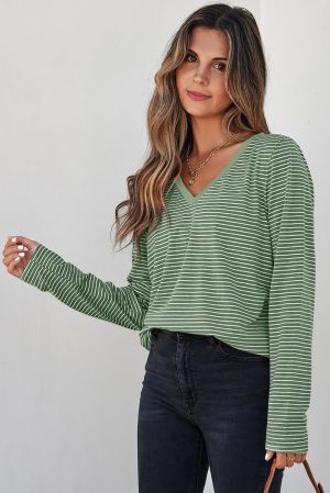 Women’s Green and White Striped Long Sleeve Top with V-Neck