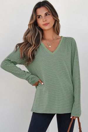 Women’s Green and White Striped Long Sleeve Top with V-Neck