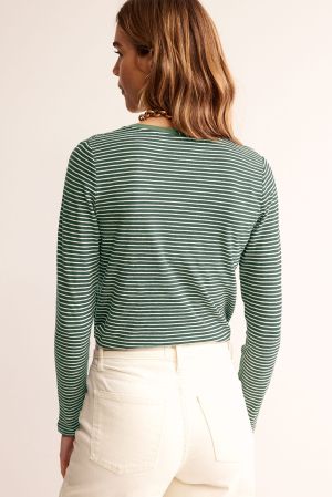 Women’s Green and White Striped Long Sleeve Top with V-Neck