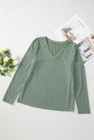 Women’s Green and White Striped Long Sleeve Top with V-Neck