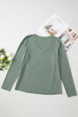 Women’s Green and White Striped Long Sleeve Top with V-Neck