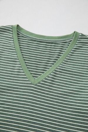 Women’s Green and White Striped Long Sleeve Top with V-Neck