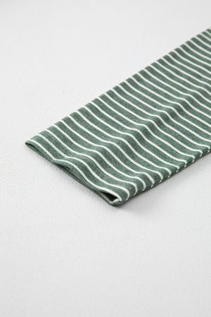 Women’s Green and White Striped Long Sleeve Top with V-Neck