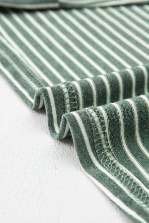 Women’s Green and White Striped Long Sleeve Top with V-Neck