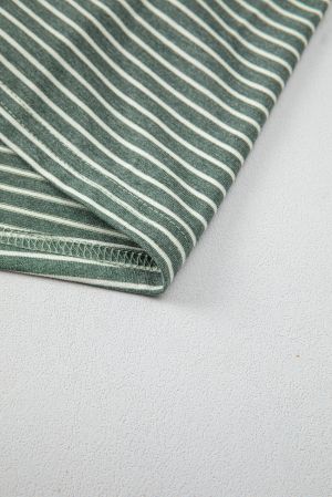 Women’s Green and White Striped Long Sleeve Top with V-Neck